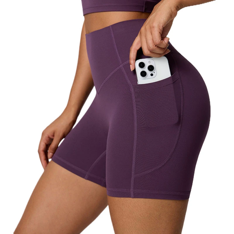 Low MOQ Women High Waisted Biker Shorts, Soft Compression Yoga Shorts with Side Pockets for Gym Running Yoga Training