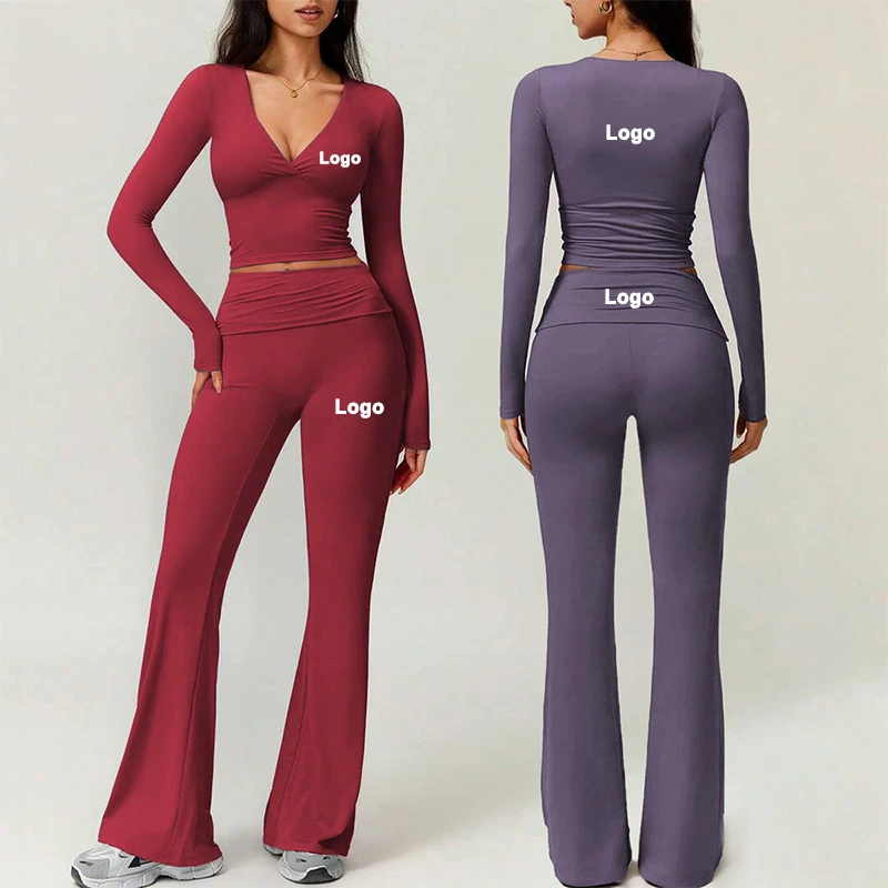 Ruifei Custom Foldable Waist Flared Pants &Skin-Friendly V-Neck Padded Top 2 Piece Yoga Set for Women Workout Fitness Activewear