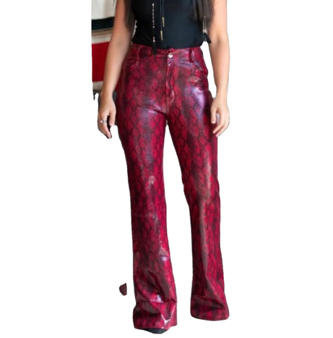 Custom High Waist Snakeskin Leather Pants for Women Breathable Casual Style with Flat Front Winter New Fashion Wear