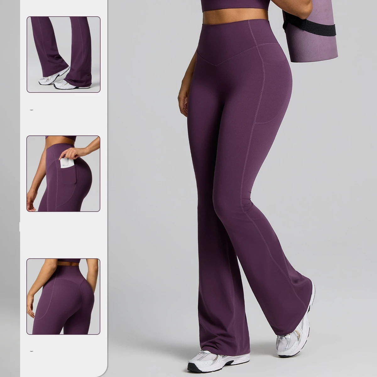 Custom Logo High Waist Quick Drying High Waist Sports Flared Pants Women Gym Sports Fitness Leggings With Pockets