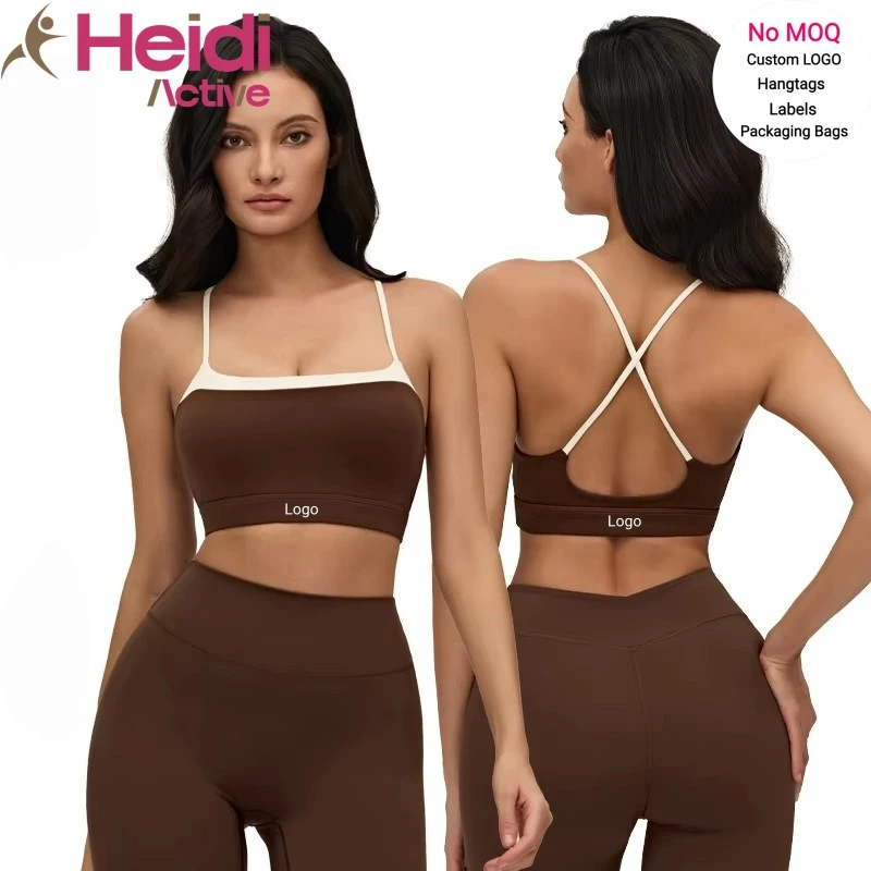 New Design Workout Clothes Ultra Soft Nude Sense Lightweight High Impact Color Blocking Square Neck Cross Strap Gym Sport Bra