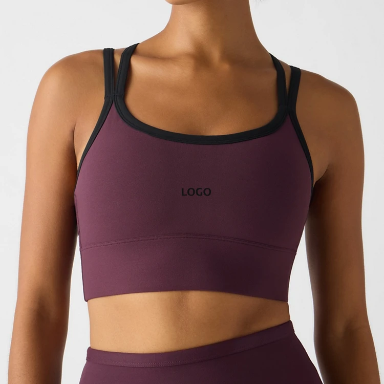 OEM Custom Manufacturers Breathable Contrast Color Blocking Cropped Yoga Criss-Cross Strap Medium Support Sports Bra