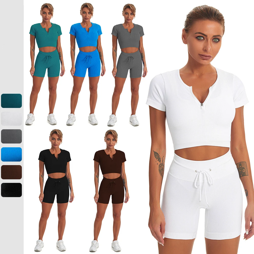 Trendy Workout Outfits Women's High Quality Custom Stretchy Ribbed Crop Two Piece Fashion Plus Size Yoga Set