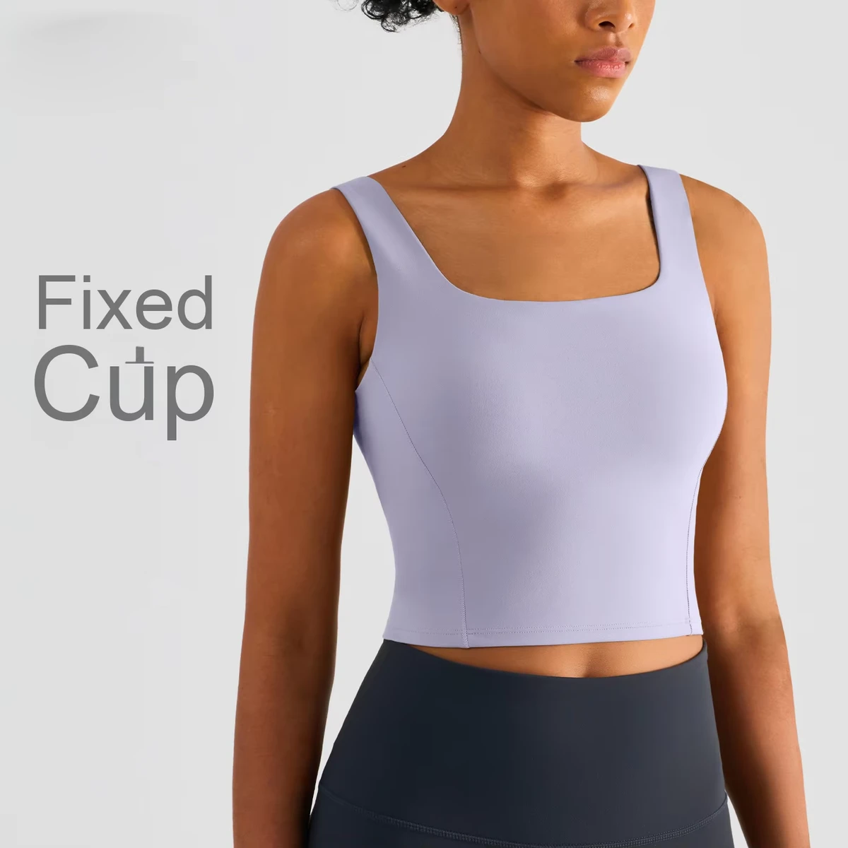 Nude All-In-One Women's Sleeveless Short Sports Bra Fitness Gym Vest Wide Shoulder Strap Lightweight Seamless Fixed Cup
