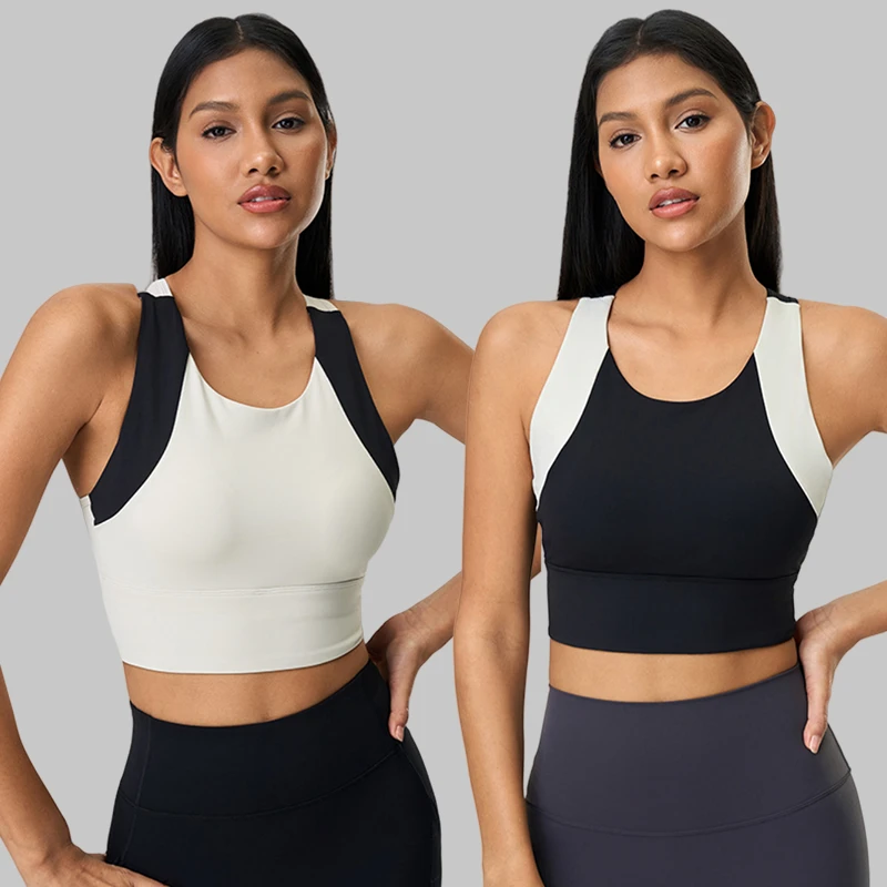 Newest Custom Logo Yoga Active Wear Slimming Tank Tops Contrast Color Wide Shoulder Breathable Stretchy Sports Bra with Padded