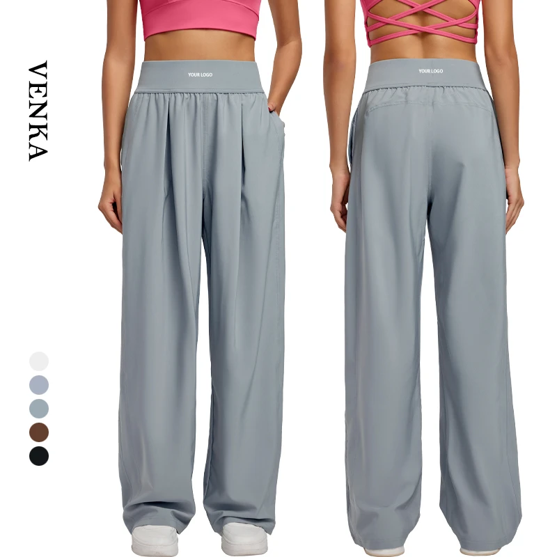 Female Casual Activewear Breathable Loose Gym Fitness Pants High Waist Side Pockets Outdoor Sports Yoga Wide Leg Pants for Women