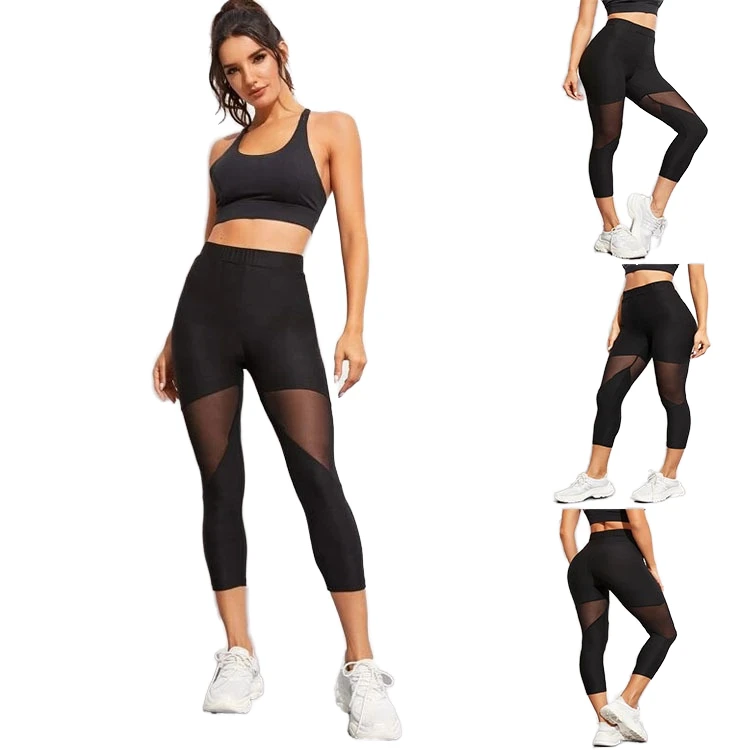 Wholesale Solid Black Mesh High Waist Elastic Waist Quick Dry Calf-Length Yoga Leggings with Pockets for Women
