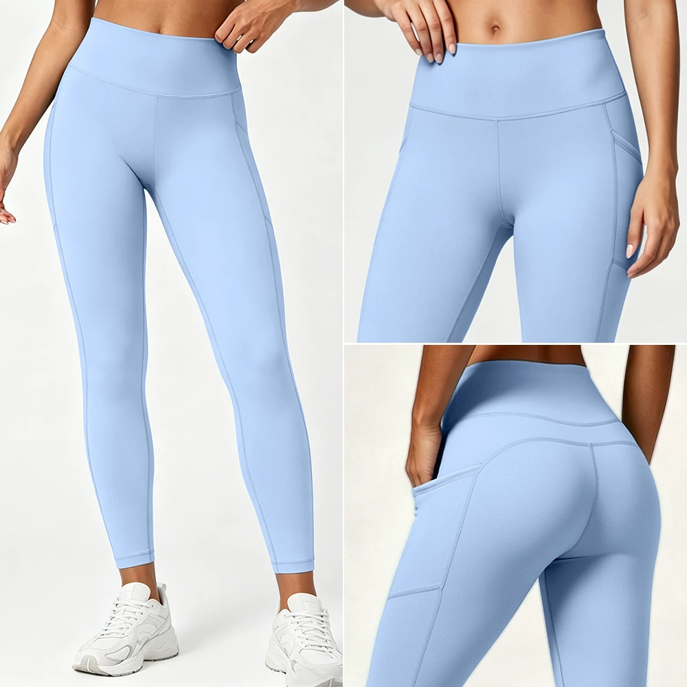 High Waist Butt Lifting Yoga Leggings Tummy Control Long Length Workout Pants with Side Pockets Stretchy Athletic Tights