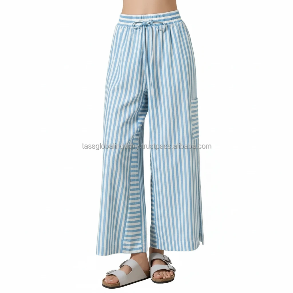 Ladies Spandex/Polyester Casual Striped Lightweight Breathable Vintage Palazzo Pants Winter Wide Leg Trousers Boho