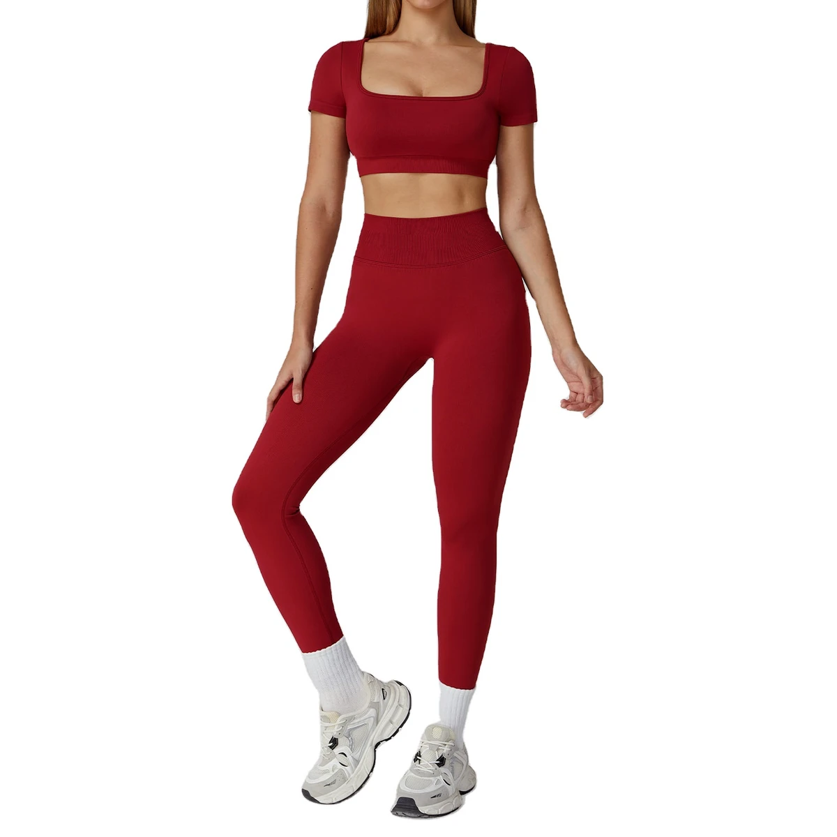 Custom High Waist Women's Yoga Set Solid Four-Way Stretch Ankle-Length Pants Breathable Gym Workout Activewear