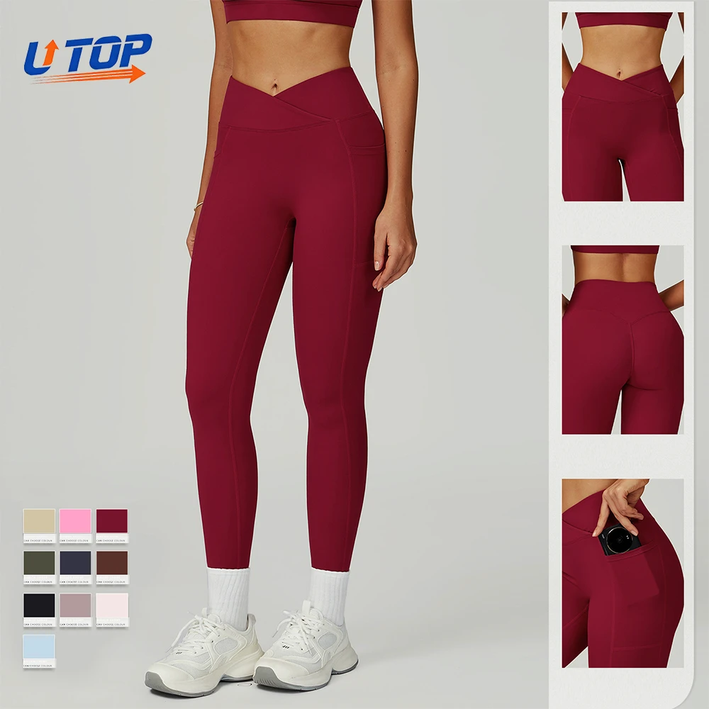 Women's High-Waisted Cross Waist Yoga Pants Yoga Legging With Side Pocket Gym Fitness Slimming Athletic Butt-Lifting Leggings