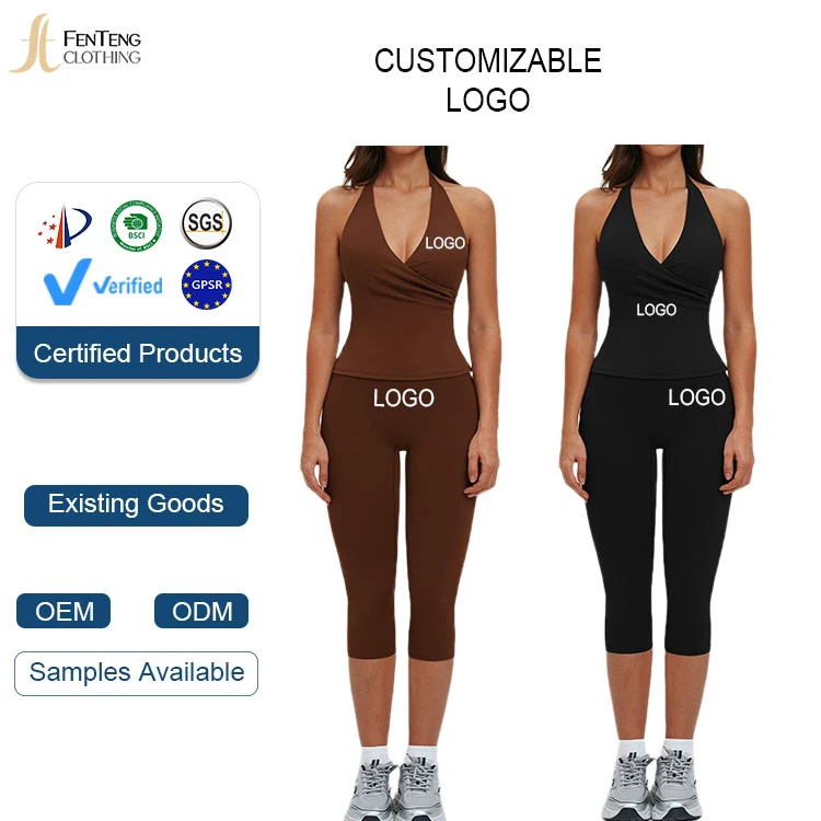 Under Lulu Custom logo Women's Halter Workout Set Cross V-Neck Sports Top with High Waist 3/4 Leggings OEM Activewear Set