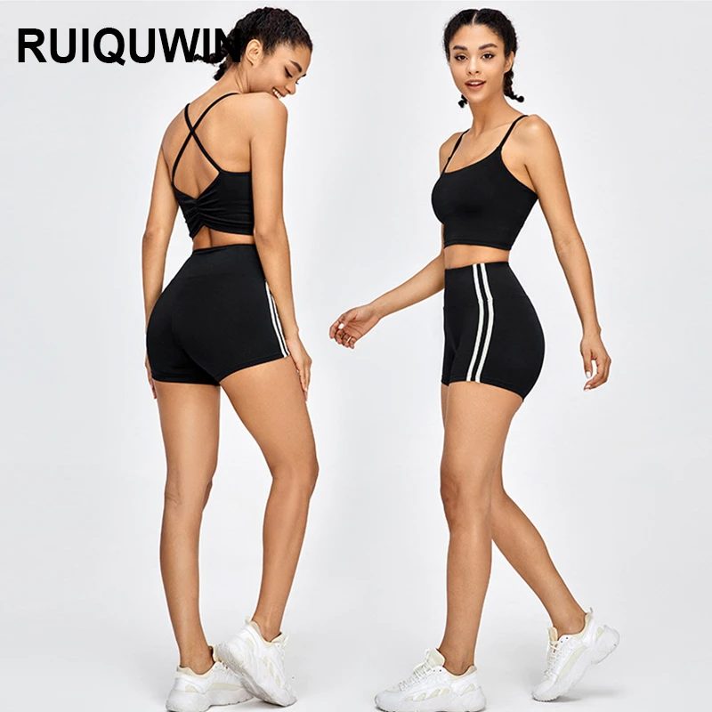 RUIQUWIN Wholesale Women's 2 Piece Yoga Set Sexy Cross Backless Sports Bra High Waist Striped Yoga Shorts Quick Dry Sportswear