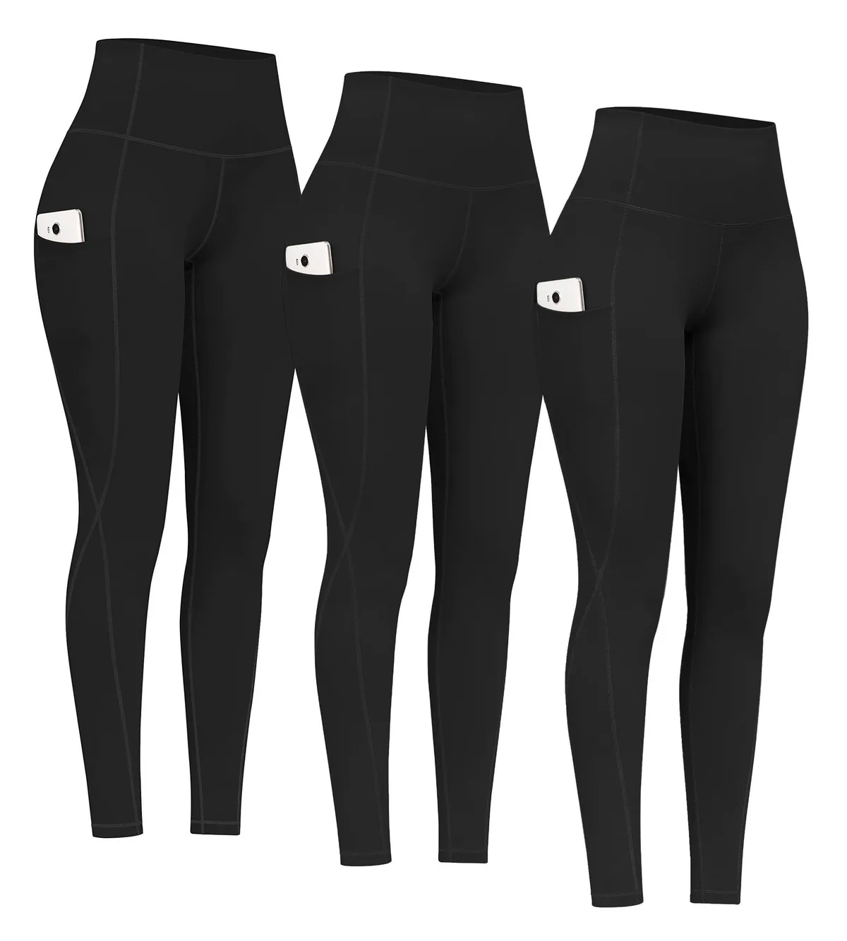 PHISOCKAT 3 Pack Solid High Waist Yoga Pants Pockets Breathable Tummy Control Leggings Workout 4 Way Stretch Elastic Waist