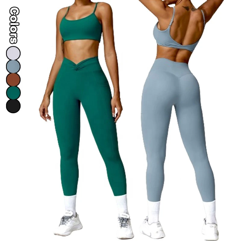 Backless Sports Bra Leggings With Side Pockets Yoga Wear Running 2 Pieces Gym Suit Set for Women