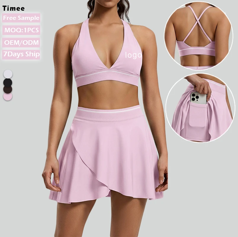 Women 2 Piece Tennis Skirt Set Cross Back Sports Bra and Skort with Pockets High Waisted Yoga Workout Outfits Gym Wear Golf Suit