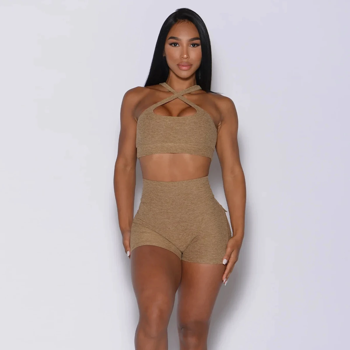 Custom Sexy Two Pieces Yoga Set Cross Back Padded Yoga Top Outdoor Gym High Waist Yoga Short