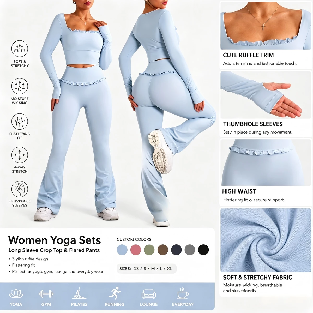 Custom 2 Piece Women's Flared Yoga Set Solid High Waisted Breathable Sportswear Outfit for Gym Pilates Lounge Wear