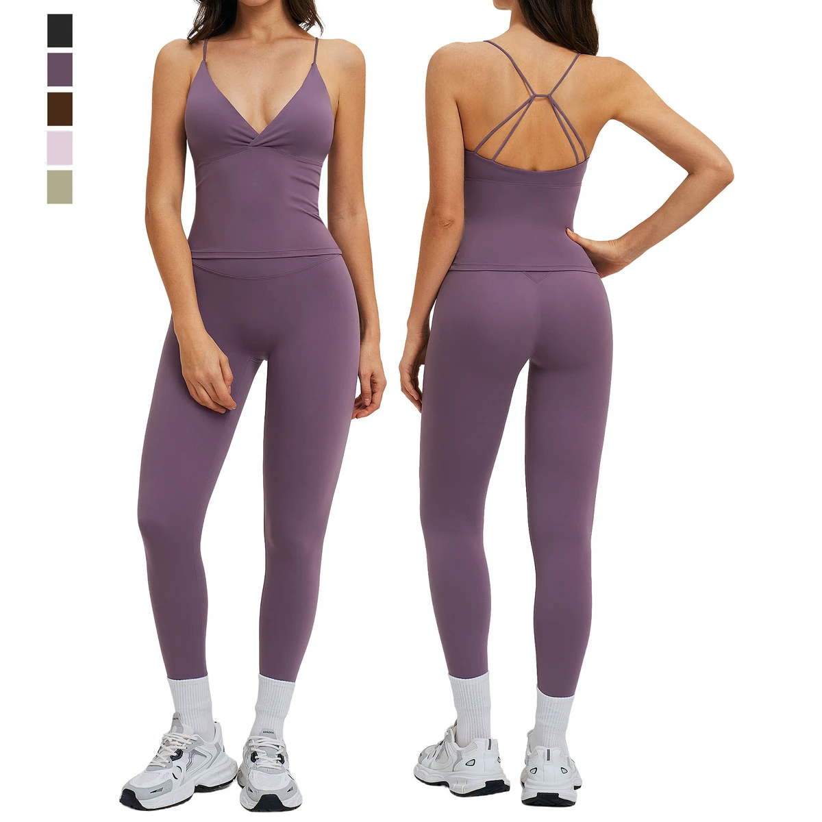 Women Solid Yoga Set Nylon Spandex Sports Tank Top Elastic Gym Leggings Breathable Four-Way Stretch Quick Dry 2 Piece Workout