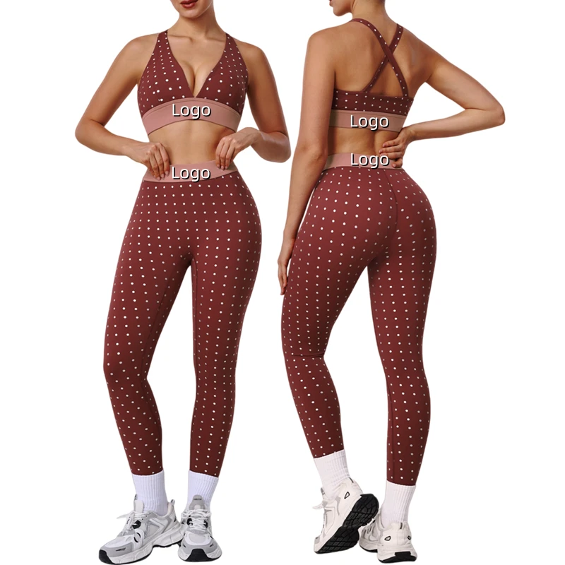 Breathable Fashion Polka Dot Print Yoga Set Sexy Push up Bra High Stretch Leggings Quick Dry Outdoor Fitness Wear Sports Set