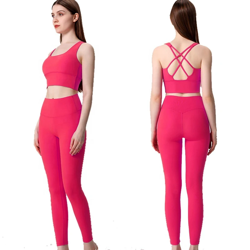 High Elastic Breathable Yoga Clothing Two-piece Fitness Cross Back Straps Sports Bra and Leggings Pink Women's Running Sets