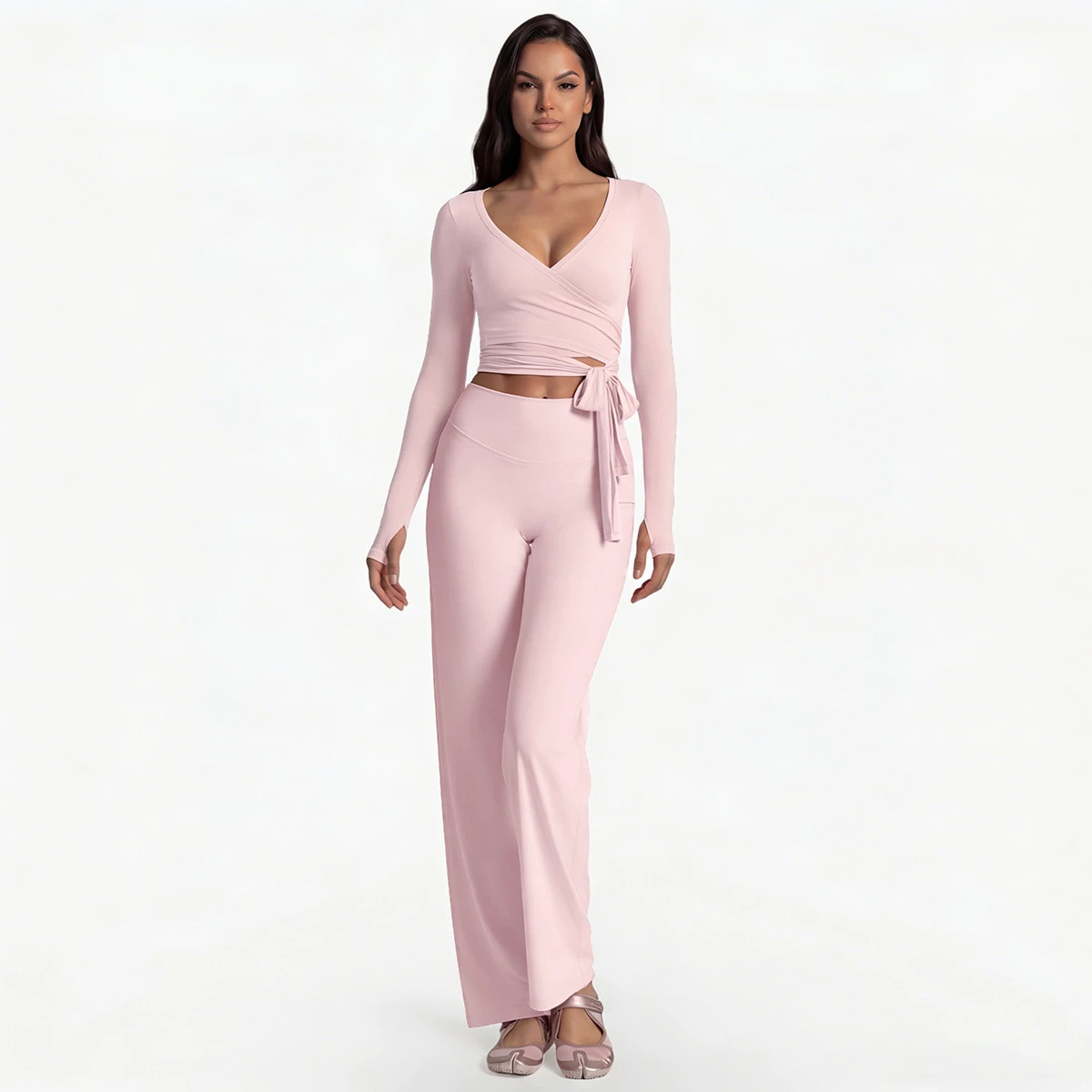 2 Piece Yoga Sets Front-cross Straps Long Sleeve Yoga Top Straight Leg Pants Wholesale Gym Sports Fitness Wear