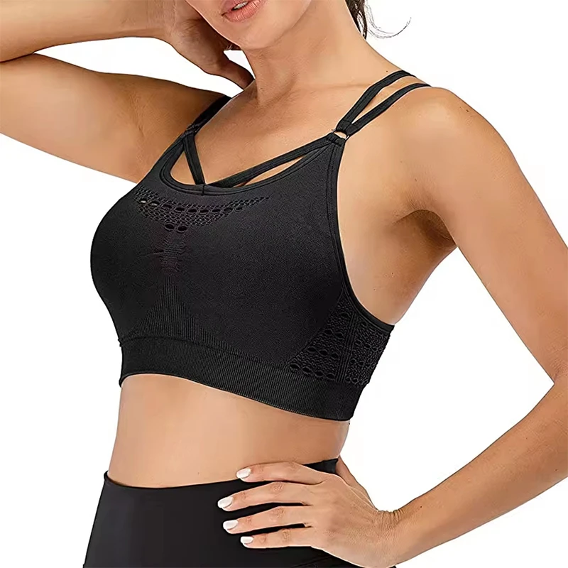 Women Hollow Out Strappy Sports Bra Sex Seamless Yoga Crop Top Breathable Shockproof Gym Running Fitness Activewear Tops