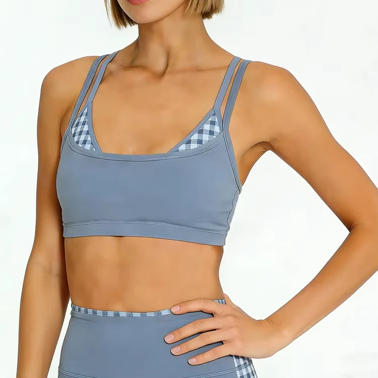Grid Pattern Sheer Layer Recycled Fabric 2 in 1 Contrasting Colors Gym Fitness Women Yoga Bra Sports Pilates Leisurewear
