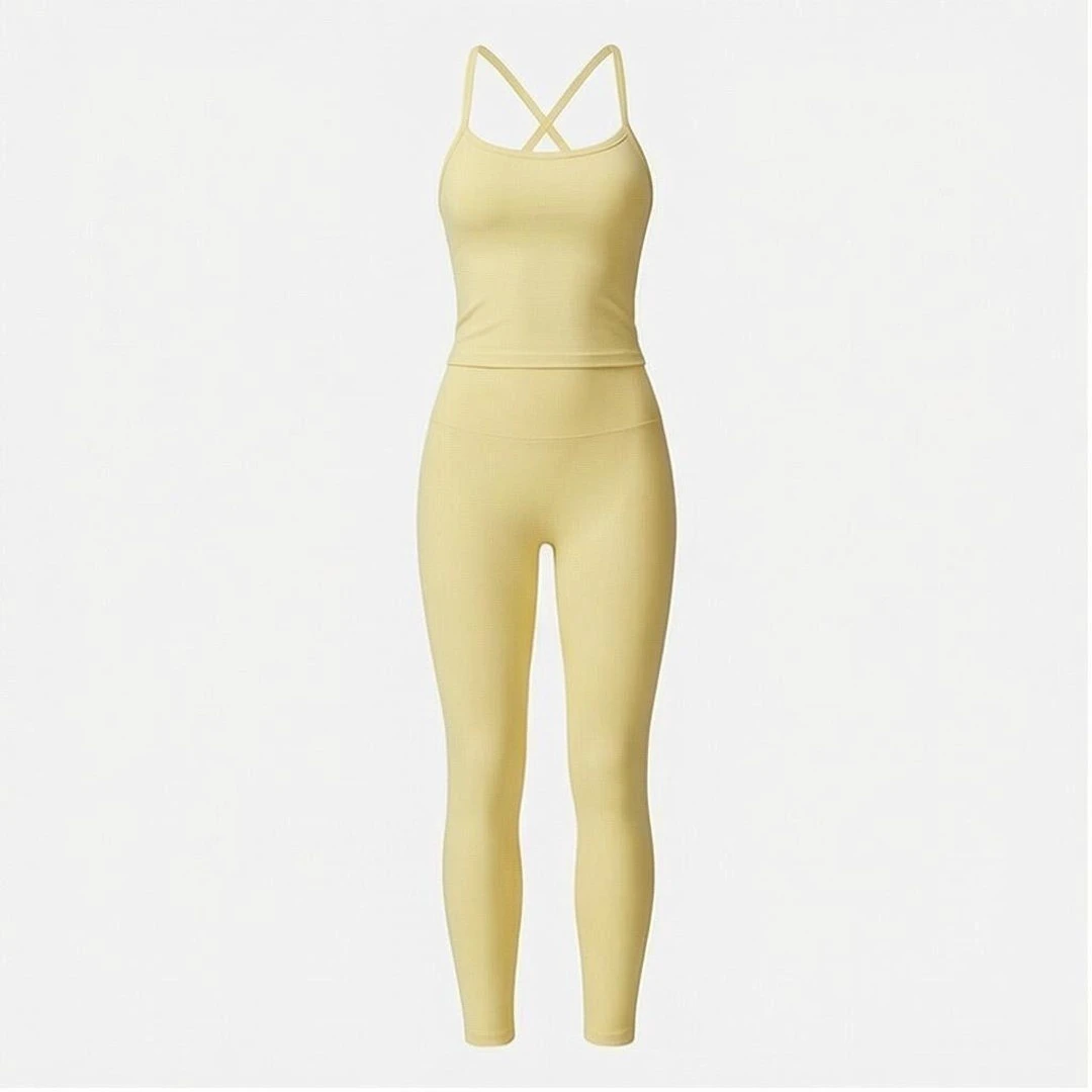 2 Piece Yoga Set Seamless Crisscross Straps High Waist Full Length Solid Yellow Sportswear