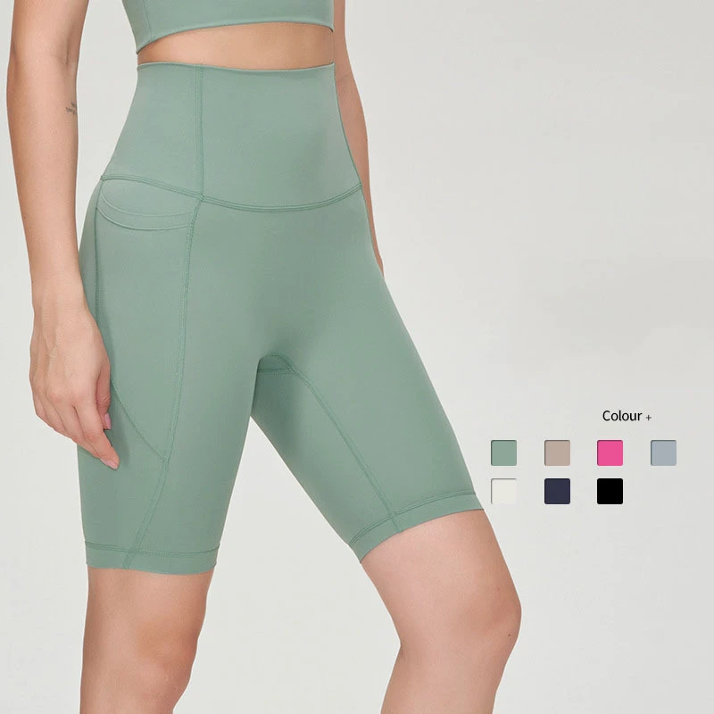 Custom Logo High Waist Women Yoga Shorts With Side Pockets 5 Inches Compression Sport Shorts for Women Tummy Control Gym Wear