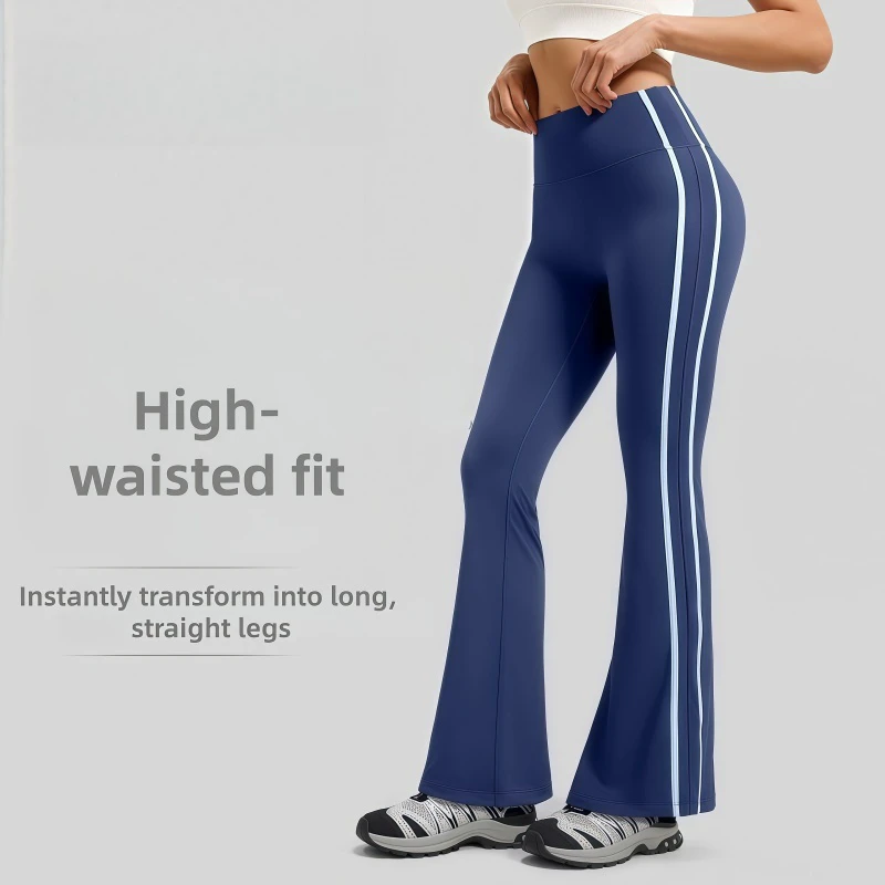 Striped Flared High-Waisted Elastic Waist Yoga Pants with Tummy Control Full-Length for Women
