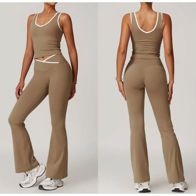 High Waist Crossover Breathable Lightweight Eco-Friendly 2-Piece Set Exercise Suit Running Fitness Yoga Backless Skinny Nude