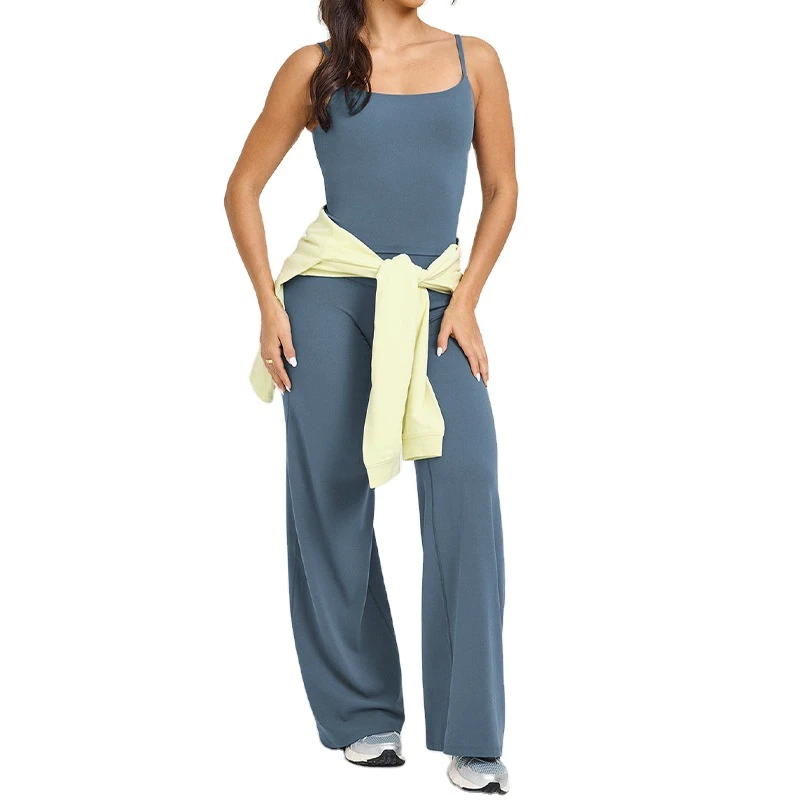 Women's Backless Yoga Top High-Waisted Wide-Leg Pants Sports Casual Straight-Leg Long Pants Yoga Suit Set