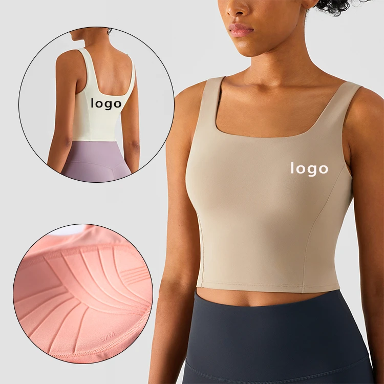 Women's Sleeveless Short Sports Bra Lightweight One-Piece Fixed Cup Yoga Vest Wide Shoulder Strap Custom Sports Bra