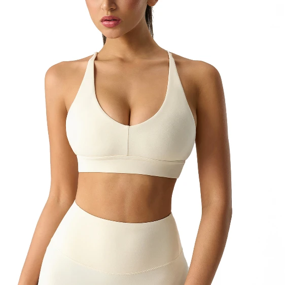 Women Sports High Support Bra Cross Back Ribbed Ladies Strappy Crop Top Exercise Fitness Top Thin Straps Cross Sports Bra