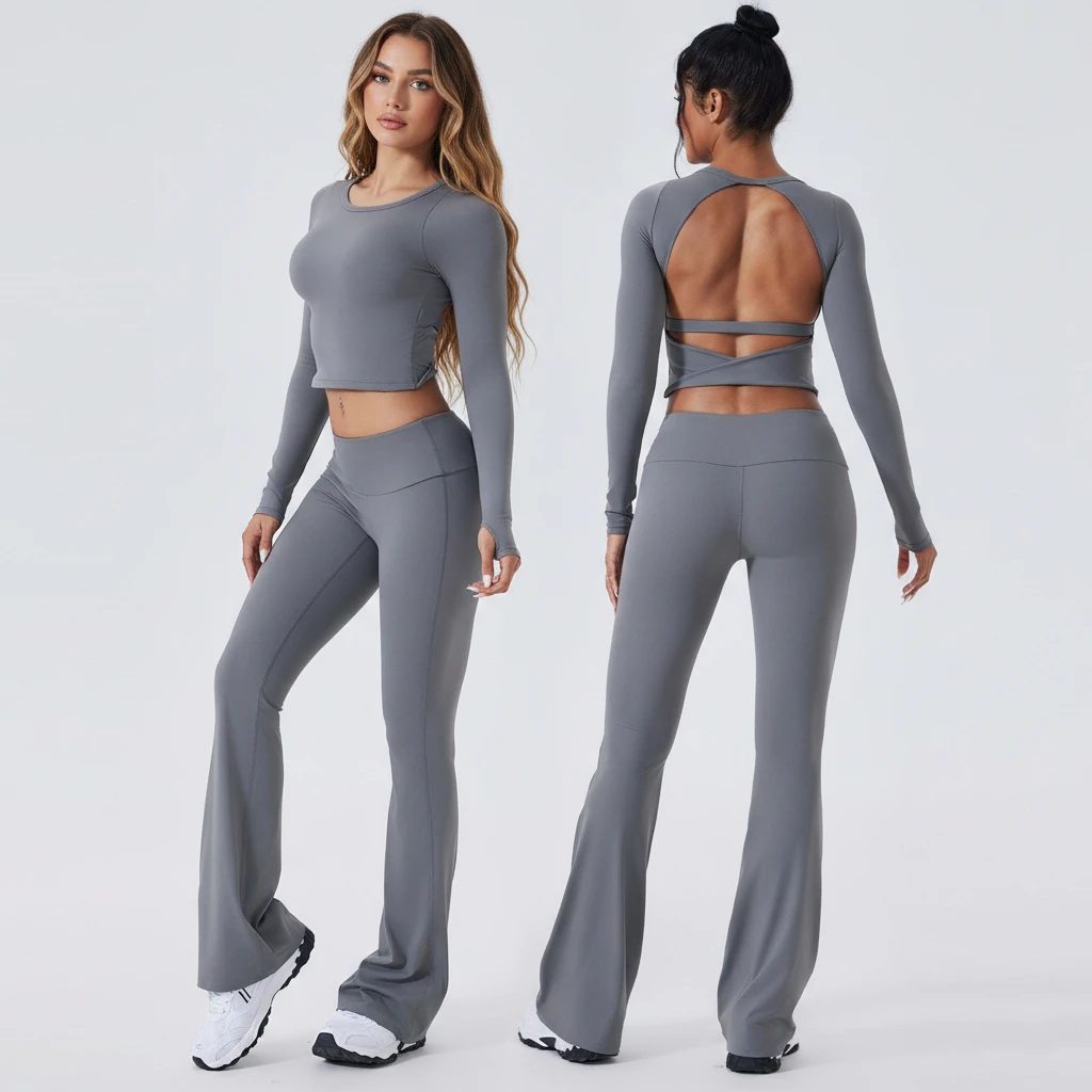 Sexy Solid Front Logo Open Back Yoga Set Women Cross Strap Long Sleeve Crop Top Flare Leggings 2 Piece Breathable High Waist Gym