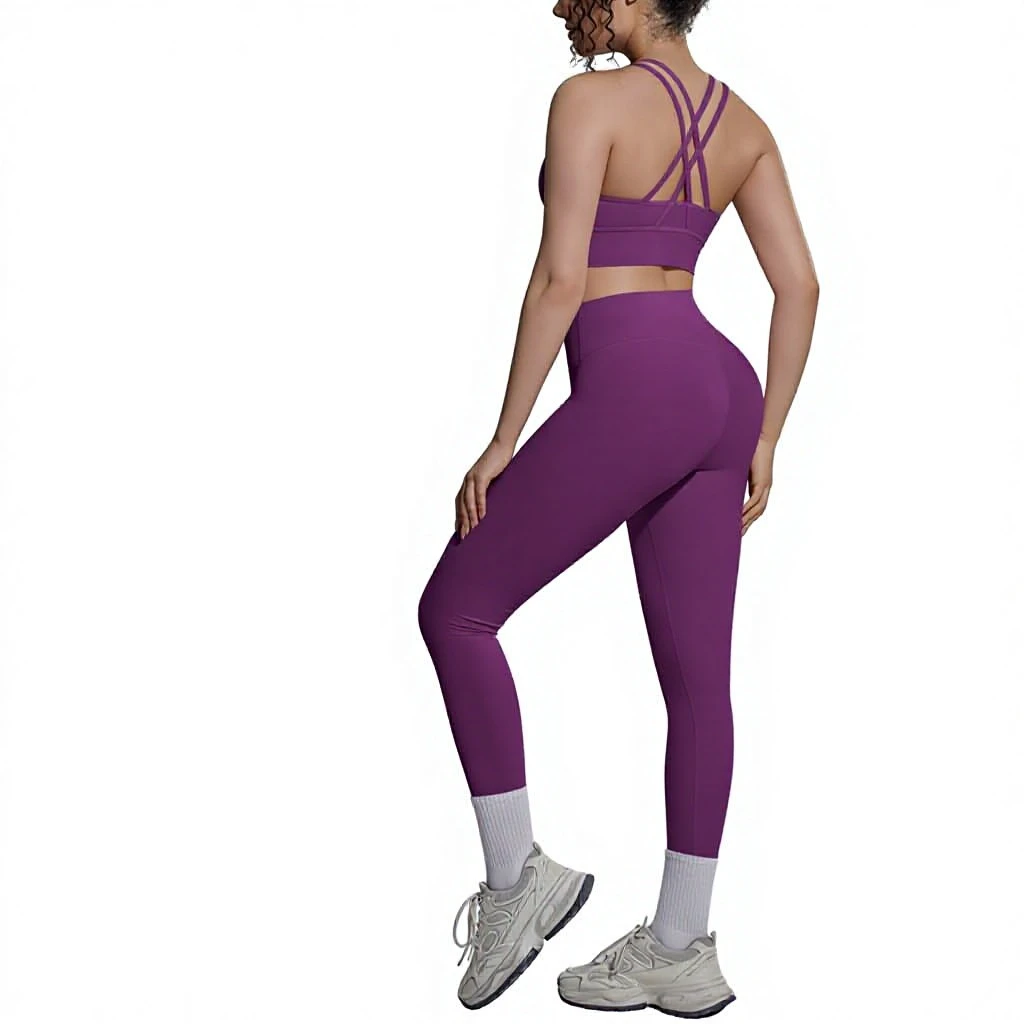 Cross-border Double-sided Breathable Nylon Solid Color Cross-back Tight Naked Sportswear 2-Piece Set for Running Fitness Yoga
