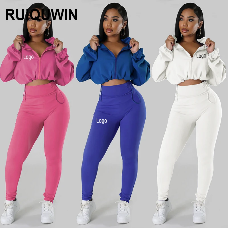 RUIQUWIN OEM Custom Women's Sportswear Set Lapel Zip up Jacket Wide Leg Pants Spring Fall Two Piece Casual Tracksuit Outfit