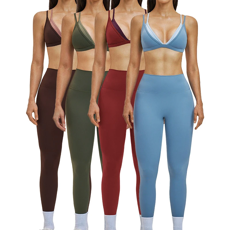 TZ6116-11Color-Block V-neck Workout Outfits for Ladies Yoga Set with Pads High Waist Tummy Control Women Sports Set
