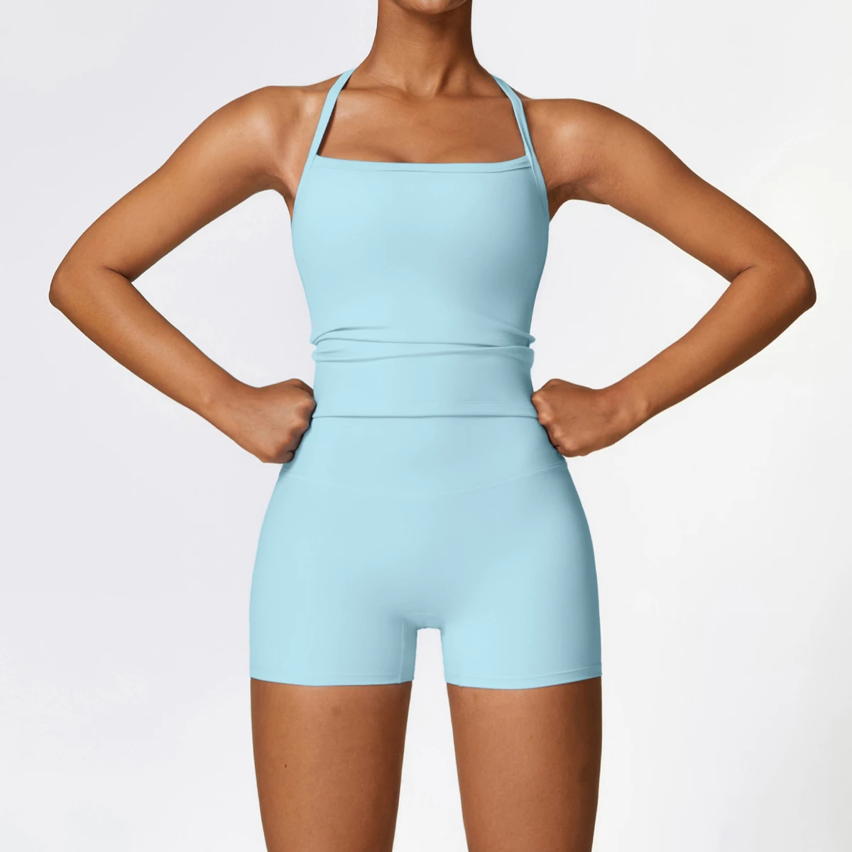 Wholesale Women's Solid Activewear 2-Piece Set High Waist Quick Dry Spandex/Nylon Workout Vest & Shorts for Gym Fitness Yoga