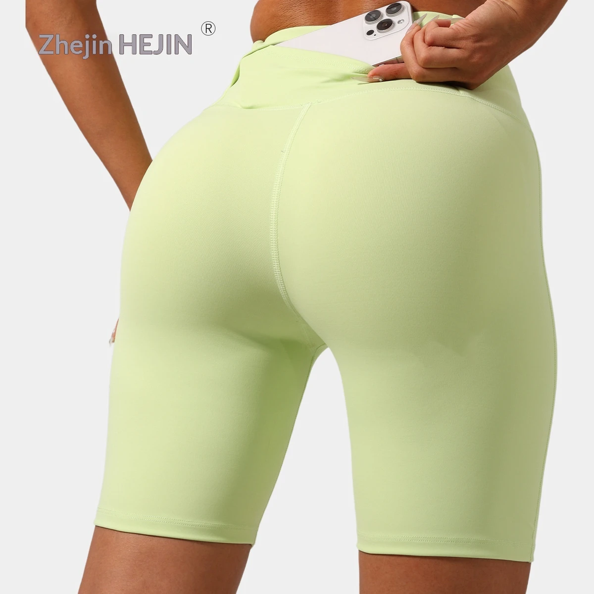Cross-border High Waist Tight Solid Color Naked Yoga Shorts with Pocket Women's Nylon Spandex Pull-On