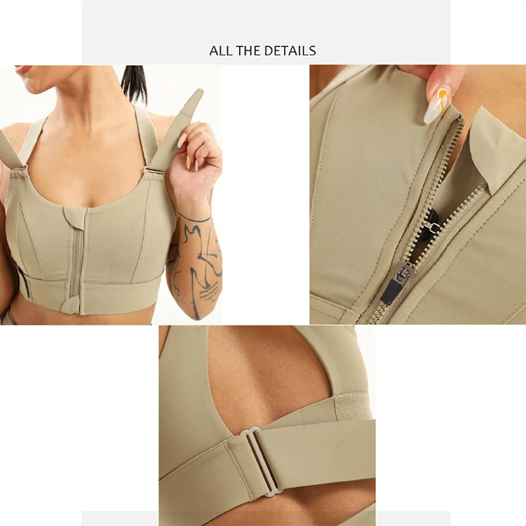 Women's Breathable Washed Simple Front Zip Shockproof Sports Bras Gym Fitness Push up Adjustable Yoga Bra with Pad