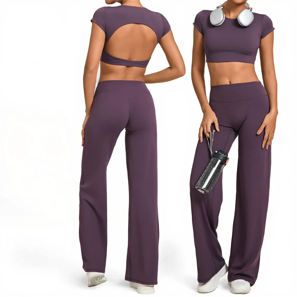 Women's 2-Piece Yoga Outfit Short Sleeve Backless Crop T-Shirt & Wide Leg Pants Elastic High Quality Sports Apparel