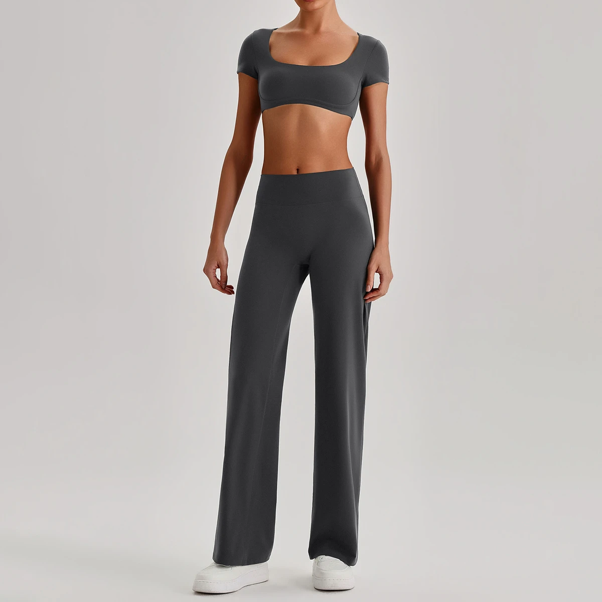 Women's 2 Piece Yoga Set Square Neck Short Sleeve Crop Top High Waist Flare Leg Pants Workout Activewear Sets
