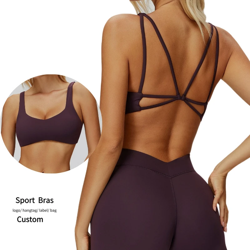 Polyester Spandex Sports Bra for Women Cross Beautiful Back High Support Yoga Bra Breathable Gym Top with Removable Chest Pads
