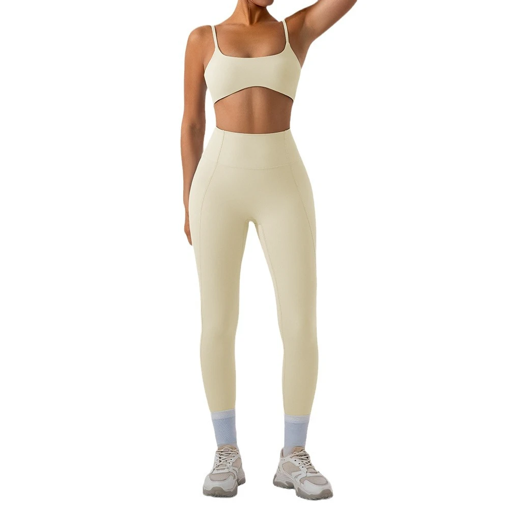 For Solid Yoga Set Women 2-Piece Seamless High Waist Leggings Spaghetti Strap Crop Top Breathable Quick-Dry Eco-Friendly