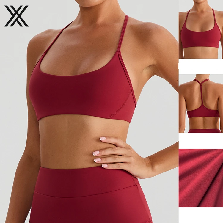 Womens Fitness Breathable Y-Back Sports Bra Thin Spaghetti Strap Nylon Yoga Bra with Removable Cups Light Support