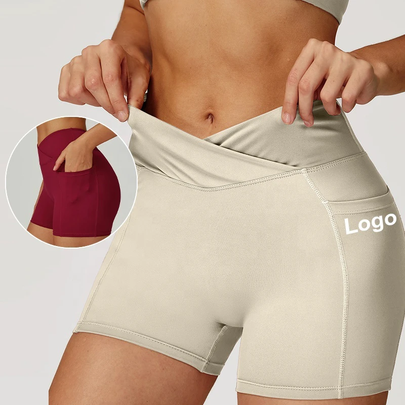 YY Crossover High Waist Yoga Gym Workout Tummy Control Side Pockets Shorts Hidden Butt Lifting Scrunch Biker Shorts for Women