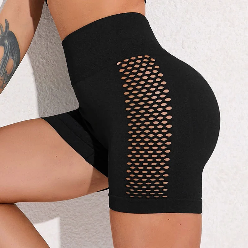 European American OEM High Waist Hip Lift Soft Side Hollow Out Fitness Sport Pants Quick Dry Stretch Sexy Yoga Shorts For Women