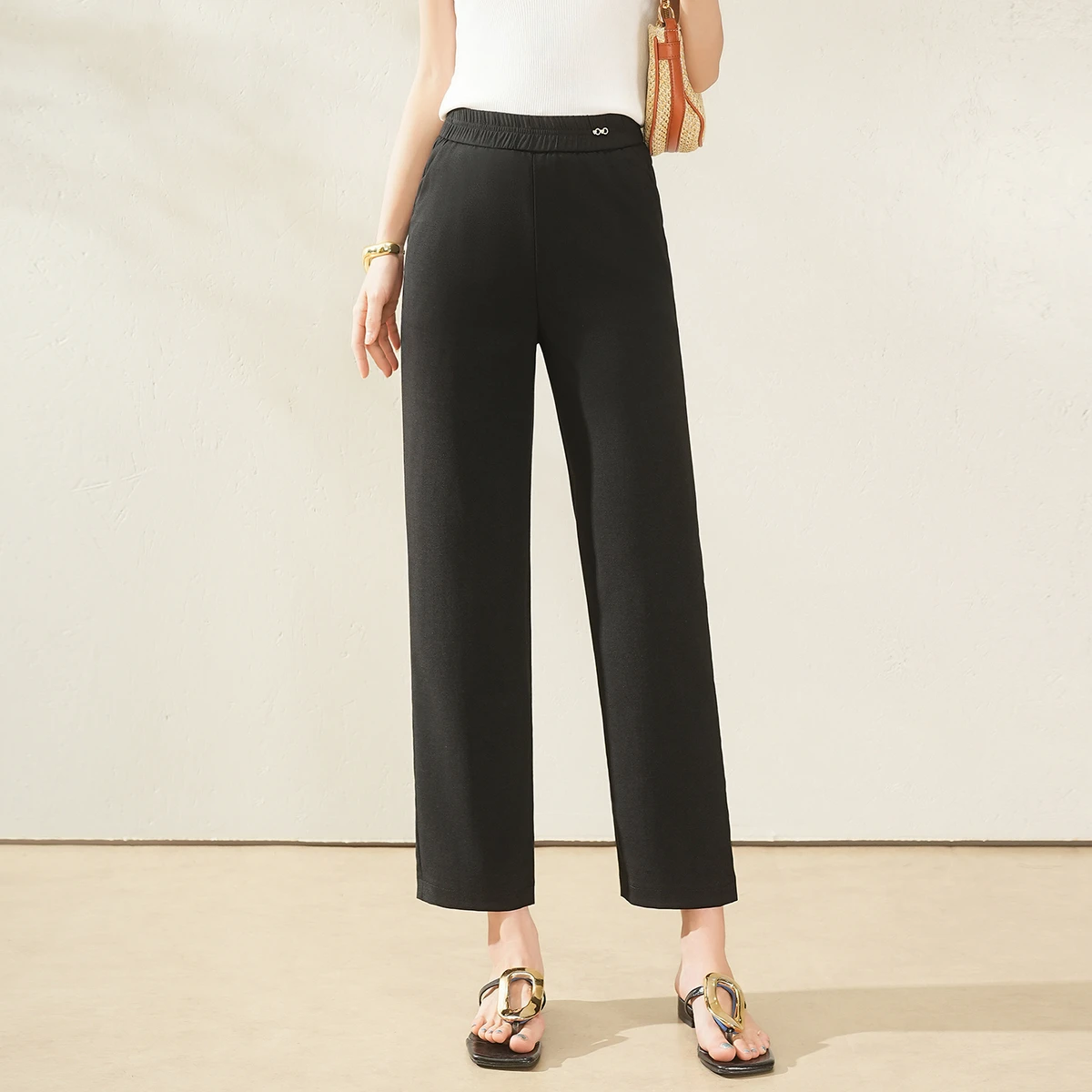 Women Pants Trouser High Rise Elasticated Waist Slimming Straight Cut Pencil Leg Office Commute Wholesale Manufacturer Direct